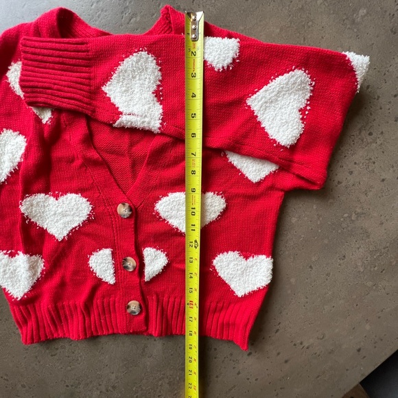 Cardigan sweater. Red with white hearts. Size S. - Picture 4 of 5